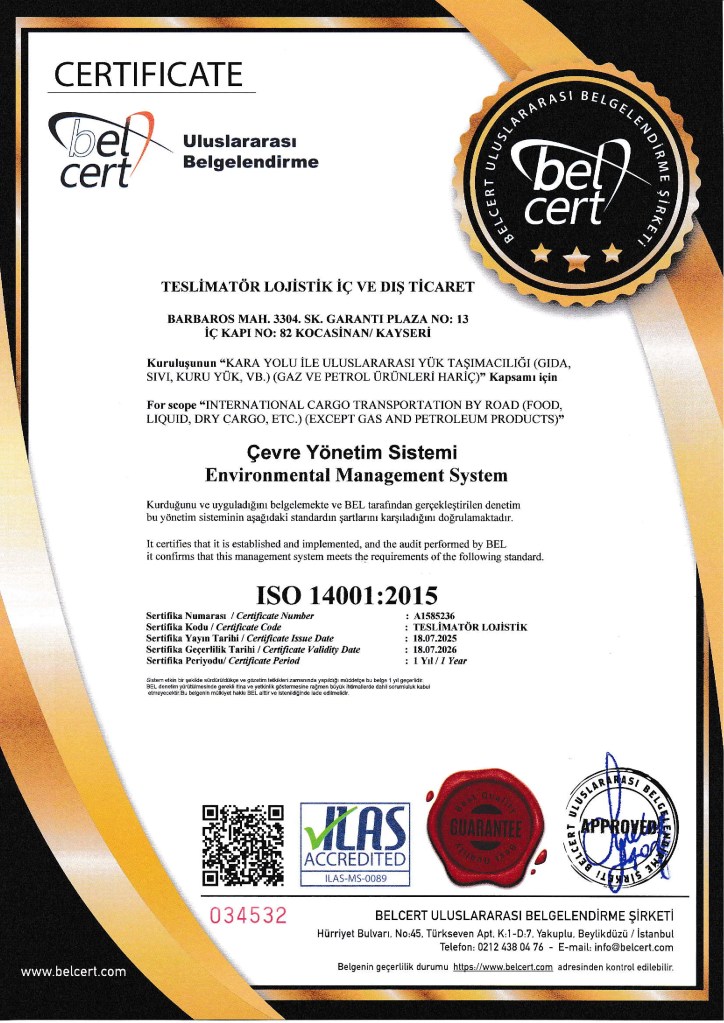 ISO14001 Teslimatör Lojistik